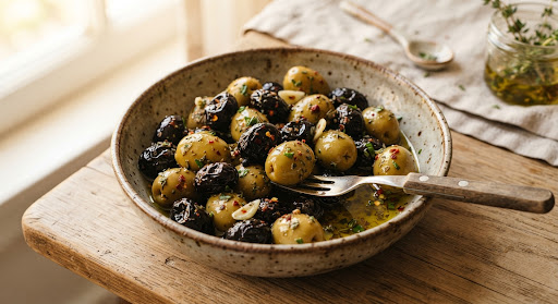 Otlu ve baharatlı sele zeytin tabağı