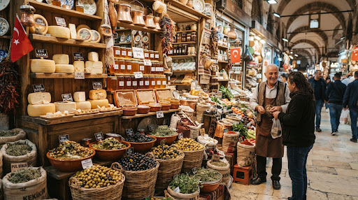 Tahtakale'deki dükkânımızda peynir, zeytin ve baharat tezgâhı