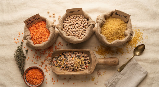 Çuvallar içinde kırmızı mercimek, nohut ve bulgur